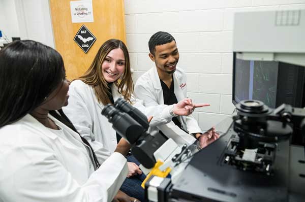 PCOM biomed students smile and talk in a lab exercise