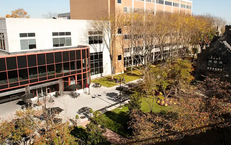 Aerial photo of PCOM's Philadelphia campus central courtyard