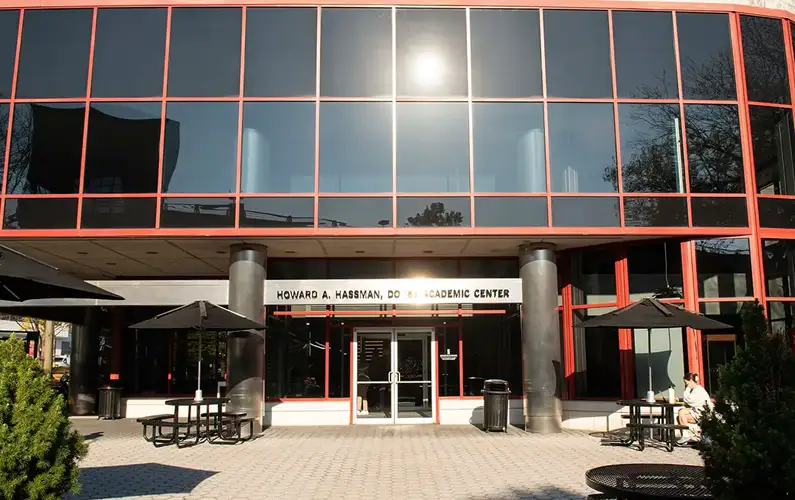 View of the Hassman Academic Center main doorway from the Central Courtyard