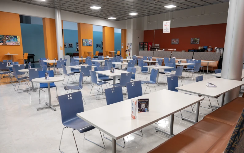 Photo of PCOM Georgia's atrium lobby and dining area