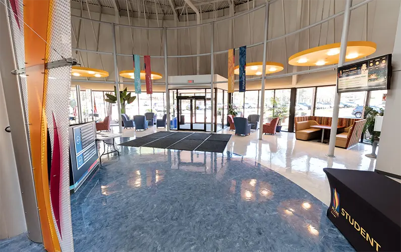 Shot of the front lobby and front windows and doors of PCOM Georgia's main building